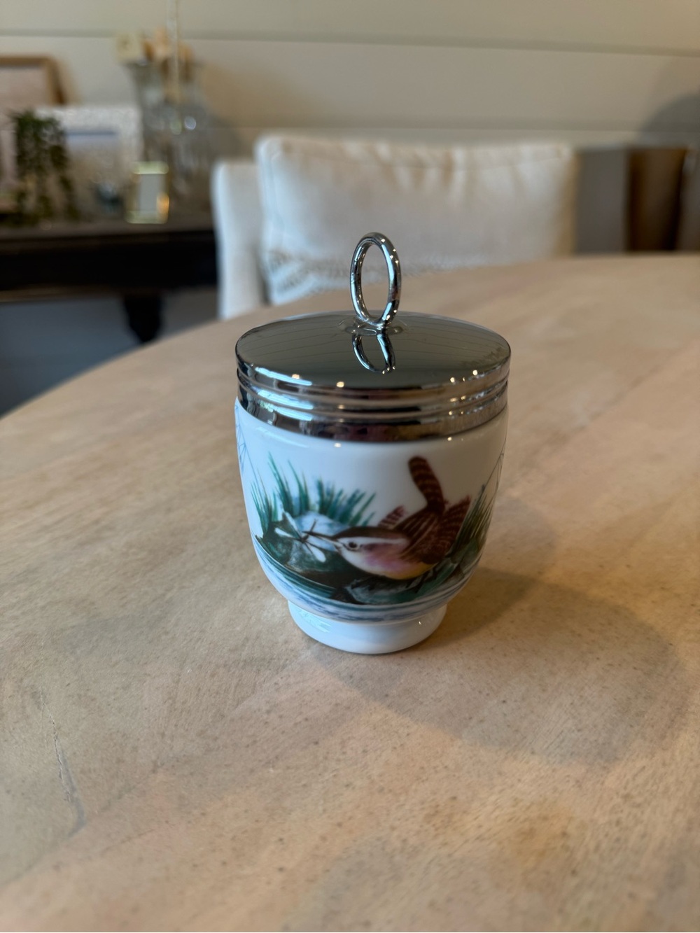 Porcelain Bird Motif Covered Jar with Silver-Tone Lid - White